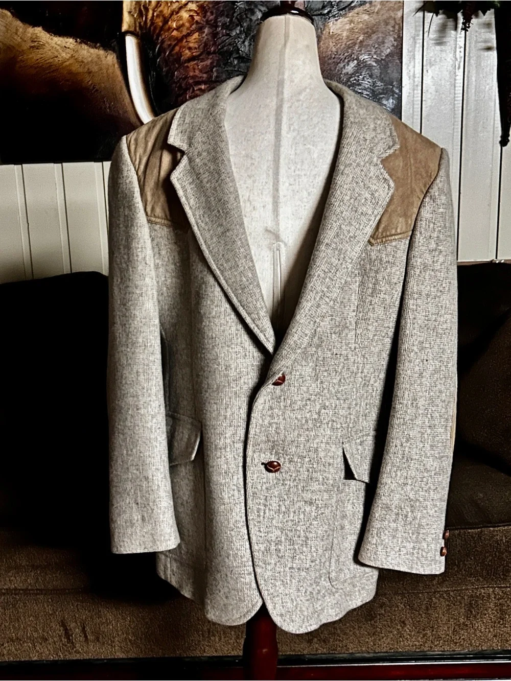 Pendleton ~ Size 42 ~ Vintage ~ Beige Brown ~ Wool Blazer Jacket W/Elbow Patches